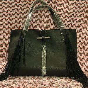 2pc BLACK Purse Overnight SET Carryon Travel Tote Bag Fringe Faux Leather NEW